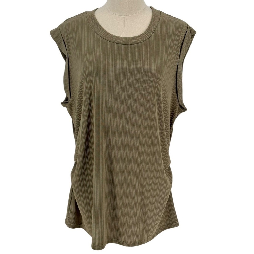 Nine West Ribbed Sleeveless Top Olive Green Crew Neck Ruched Sides XXL